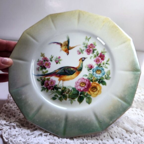 Bird of Paradise Pheasant Plate Made in Germany 7.5" Diameter 12 Sided Floral - Picture 6 of 7